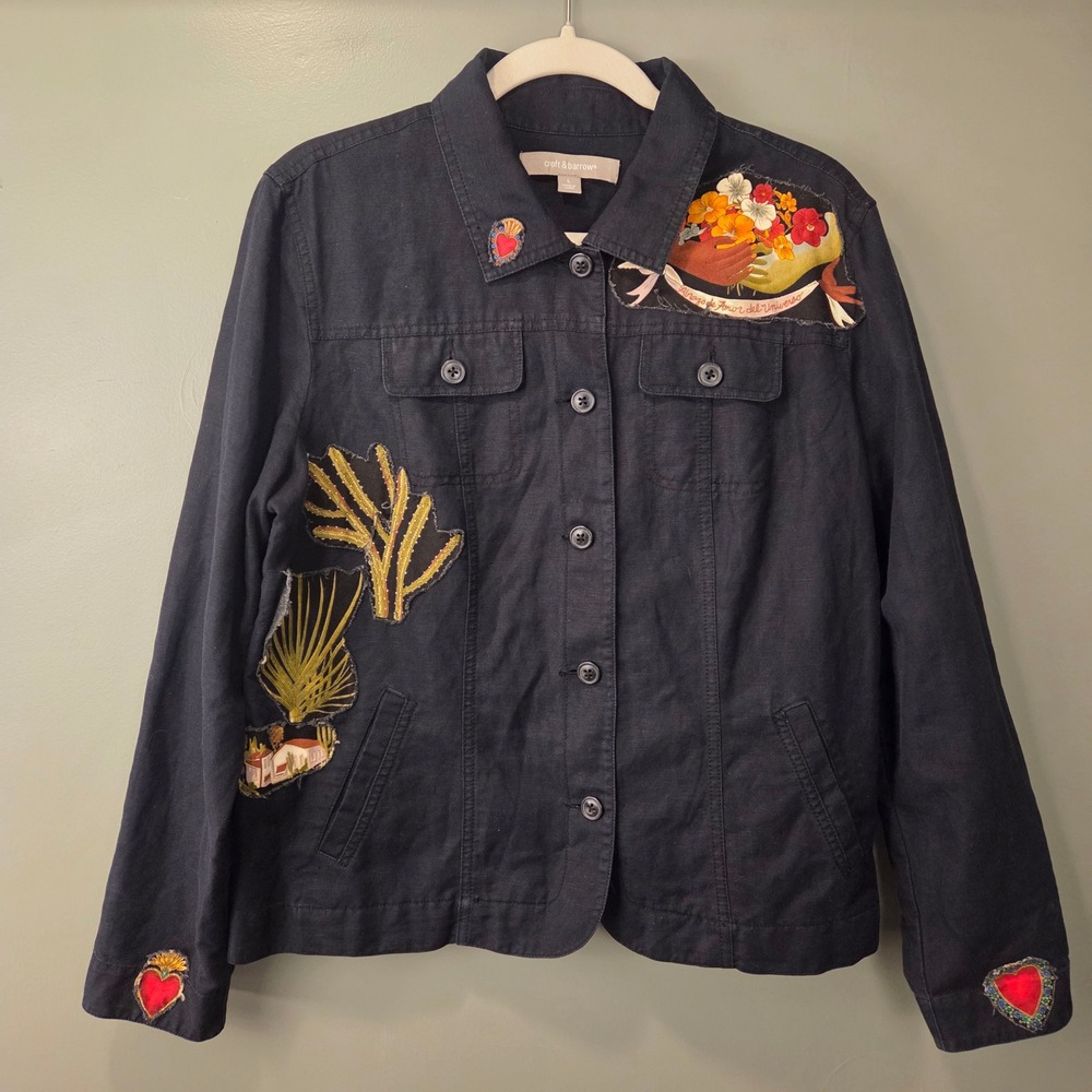 Croft & Barrow Women's Linen & Cotton Button Up Jacket w Patches Size L
